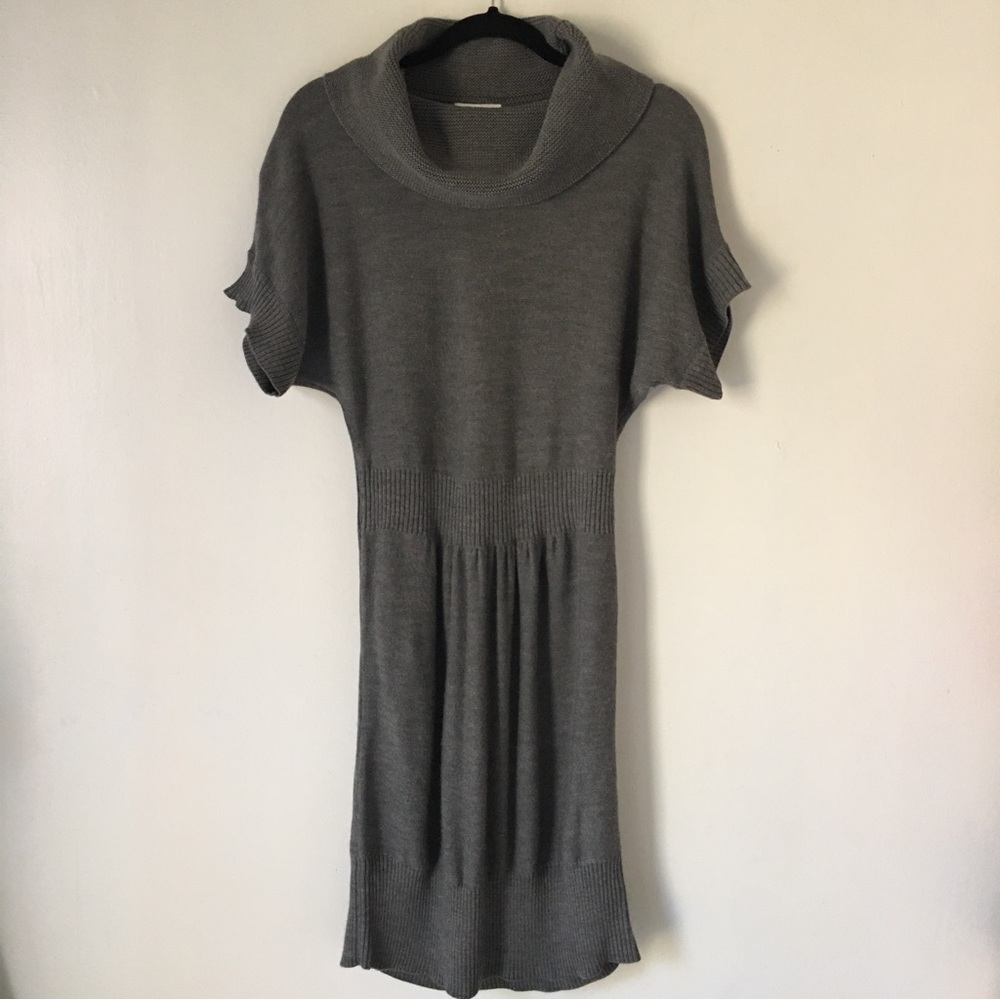 Ann Taylor LOFT Sweater Dress Cowl Neck Gray Wool Blend Med Cinched Short Sleeve